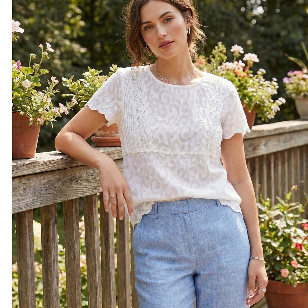 J. McLaughlin Womens Eyelet Lace Top Size S White Embroidered Blouse Cottagecore